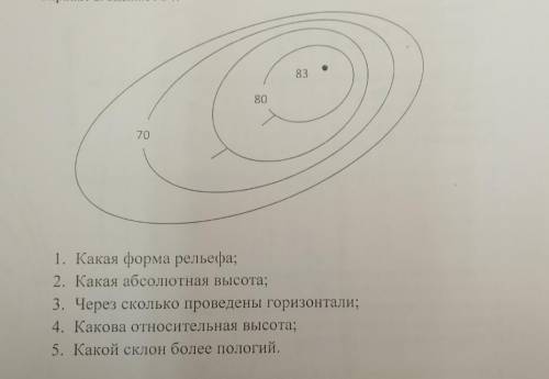 1. Какая форма рельефа; 2. Какая абсолютная высота;3. Через сколько проведены горизонтали;4. Какова