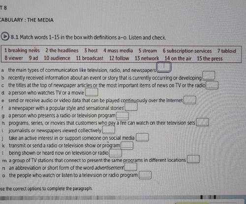 1 8.1 Match words 1-15 in the box with definitions a-o. Listen and check. 1 breaking news 2 the head