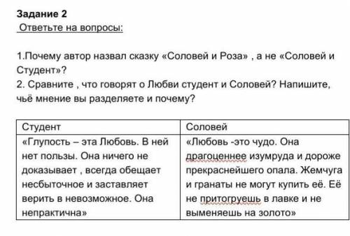 Задание 2 ответьте на вопросы: 1.Почему автор назвал сказку «Соловей и Роза» , а не «Соловей и Студе