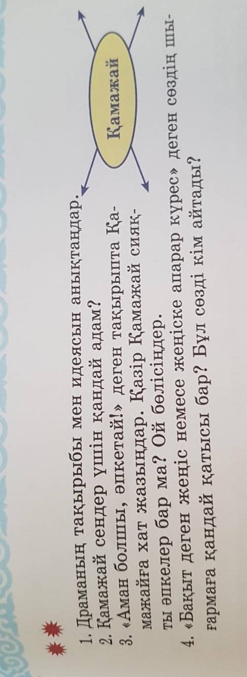 О 1. Драманың тақырыбы мен идеясын анықтаңдар.2. Қамажай сендер үшін қандай адам?3. «Аман болшы, əпк