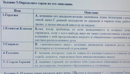 Задание 5.Определите героя по его описанню. ILMA1.Герасим2.Капитон КлимовОписаниеA, женщина лет двад