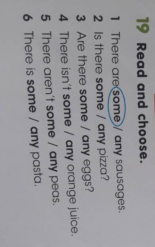 19 Read and choose. 1 There are some / any sausages.2 Is there some / any pizza?3 Are there some / a