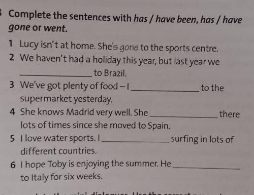 3 Complete the sentences with has / have been, has / have gone or went.1 Lucy isn't at home. She's g