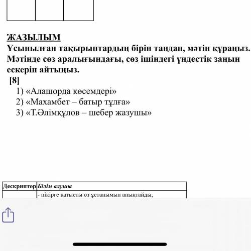 ЖАЗЫЛЫМ Ұсынылған тақырыптардың бірін таңдап, мәтін құраңыз. Мәтінде сөз аралығындағы, сөз ішіндегі