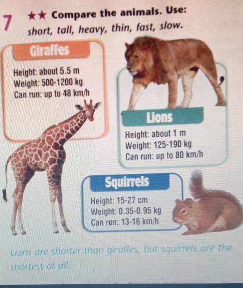 7 Compare the animals. Use:short, tall heavy thin, fast, slow.GiraffesHeight: about 5.5 mWeight: 500