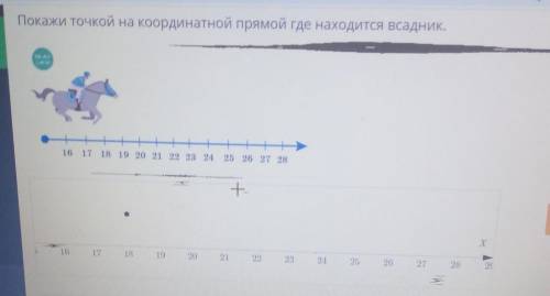 Покажи точкой на координатной прямой где находится всадник. 16 17 18 19 20 21 22 23 24 25 26 27 28+1