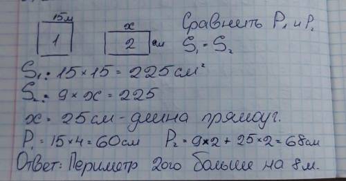 Два участка имеют одинаковую площадь. Один из них квадрат- ный со стороной 15м. Другой участок прямо