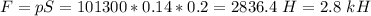 F = pS = 101300*0.14*0.2 = 2836.4~H = 2.8~kH