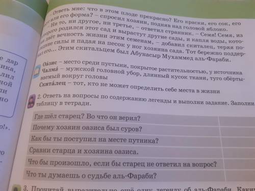 Таблицу в тетради. Где шёл старец? Во что он верил? Почему хозяин оазиса был суров? Как бы ты поступ