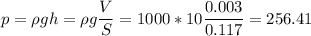 p =\rho gh = \rho g \dfrac{V}{S} = 1000*10\dfrac{0.003}{0.117} = 256.41~