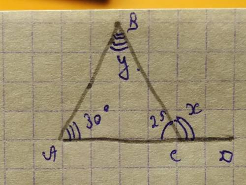 Дан треугольник: угол В=y; D=x; угол= А 30° ; угол с = 25°. найти угол В,Д​