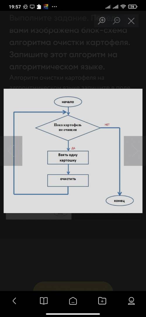Выполните задание. Перед вами изображена блок-схема алгоритма очистки картофеля. Запишите этот алгор