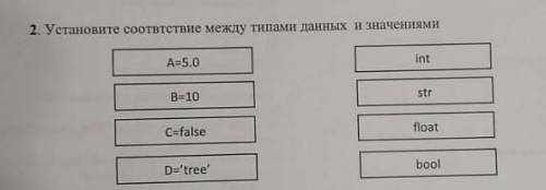 2. Установите соответствие между типами данных и значениями А=5.0intВ=10strC=falsefloatD='treeboolа