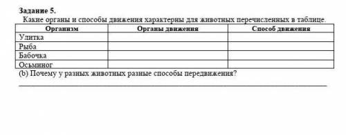 Задание 5. Какие органы и движения характерны для животных перечисленных в таблице.Организм Органы д