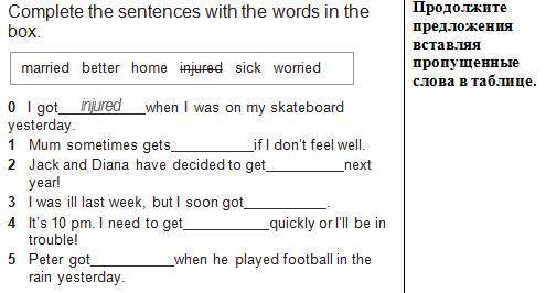 Complete the sentences with the words in the box. 0 I got injured when I was on my skateboard yester