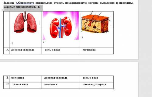 Задание 4.Определите правильную строку, показывающую органы выделения и продукты, которые они выделя