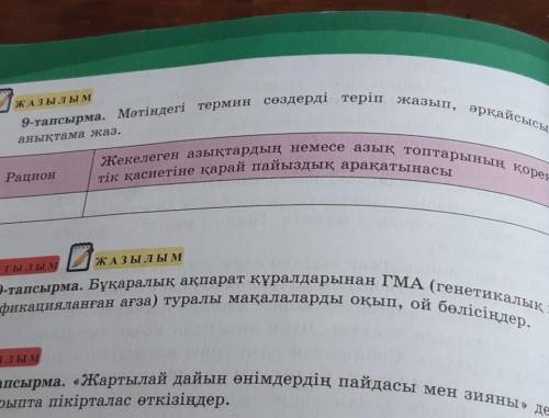 9-тапсырма. Мәтіндегі термин сөздерді теріп жазып, әрқайсысына Жекелеген азықтардың немесе азық топт