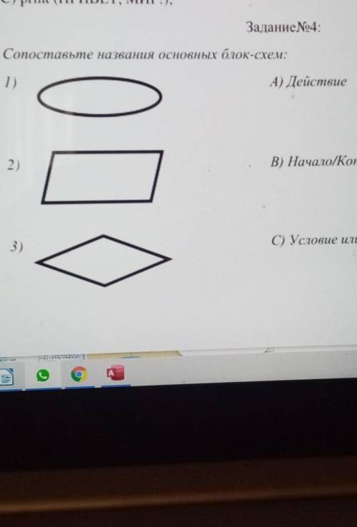 ЗаданиеNo4: Сопоставьте на звания основных блок-схем:1овалA) действие2) квадратB) Начало/Конец прогр