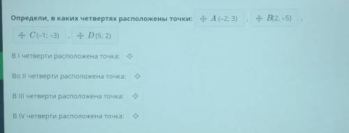 Определи, в каких четвертях расположены точки: TA (-2; 3) « В(2, -5)+ C (-1;-3) ,D (5; 2)В четверти