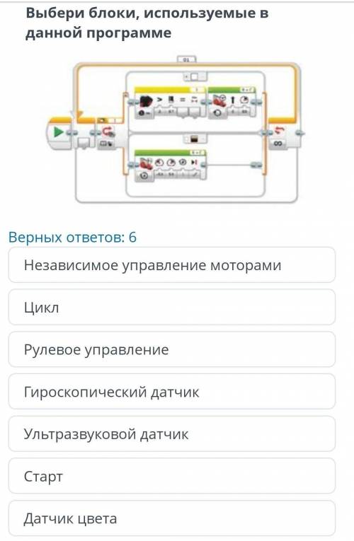 Выбери блоки, используемые в данной программе:Верных ответов: 6Независимое управление моторамиЦиклРу