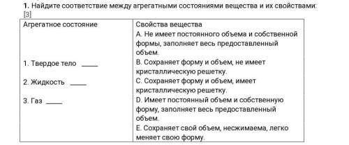 Найдите соответствие между агрегатными состояниями вещества и их свойствами: [3] Агрегатное состояни