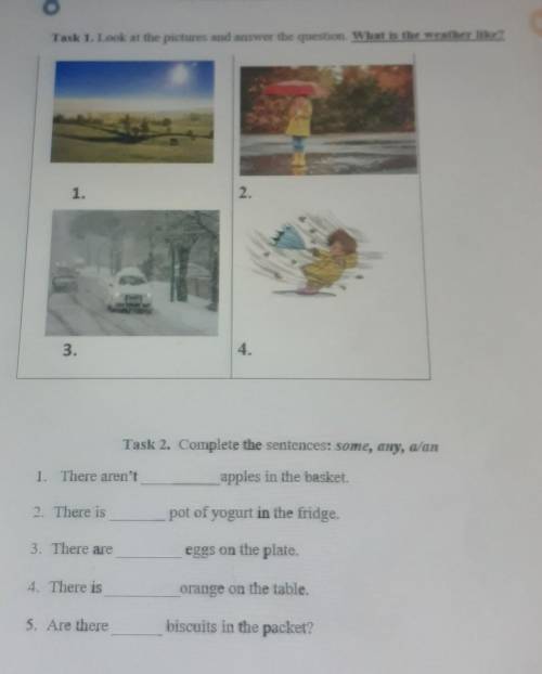 Task 1.Look at the pictures and answer the question.What is the weather like? Task 2.Complete the se