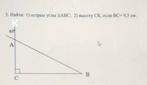 Найти: 1) острые углы ДАВС; 2) высоту CK, если ВС= 9,5 см.​