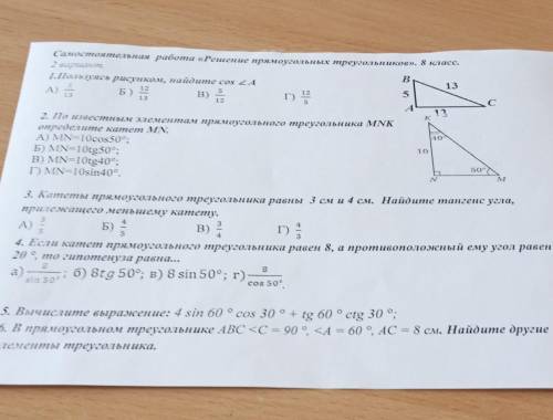 Самостоятельная работа решение прямоугольных треугольников 8 класс 2 вариант​