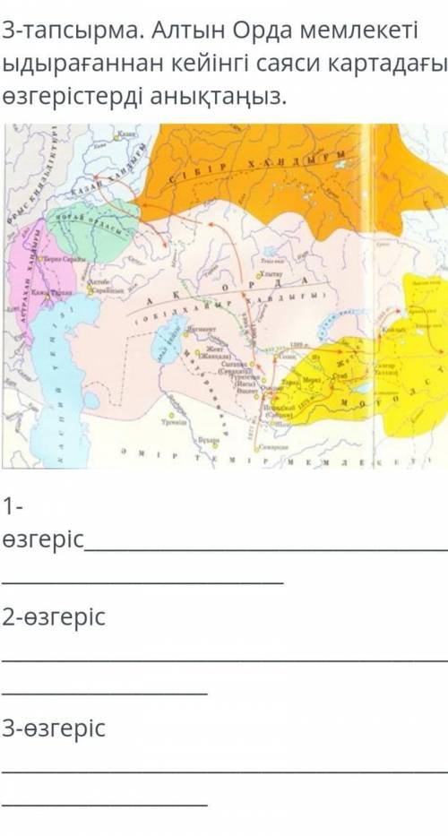 3-тапсырма. Алтын Орда мемлекеті ыдырағаннан кейінгі саяси картадағыөзгерістерді анықтаңыз.1-өзгеріс