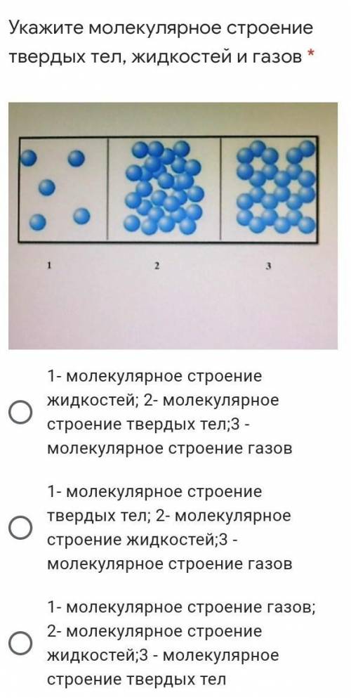 Укажите молекулярное строение твердых тел, жидкостей и газов1- молекулярное строениежидкостей; 2- мо