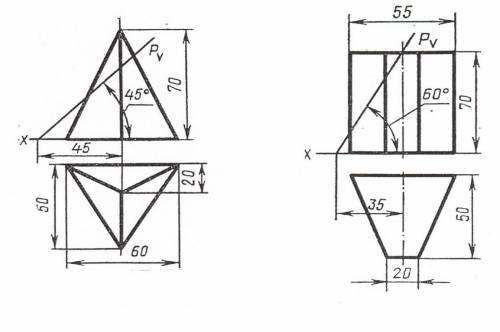 Постройте 3 вида призмы и пирамиды. Далее обозначьте точки пересечения плоскости Pv с ребрами пирами