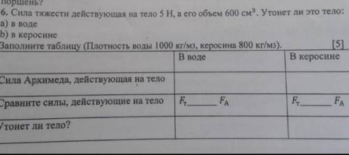 Сила тяжести действующее на тело 5н а его объем 600см³ утонет ли: 1.в воде 2.в керосине заполните та