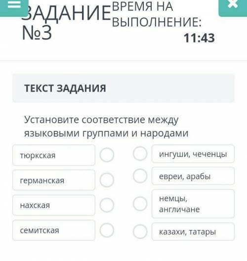 Установите соответствие между языковыми группами и народами тюркскаягерманскаянахскаясемитскаяингуши