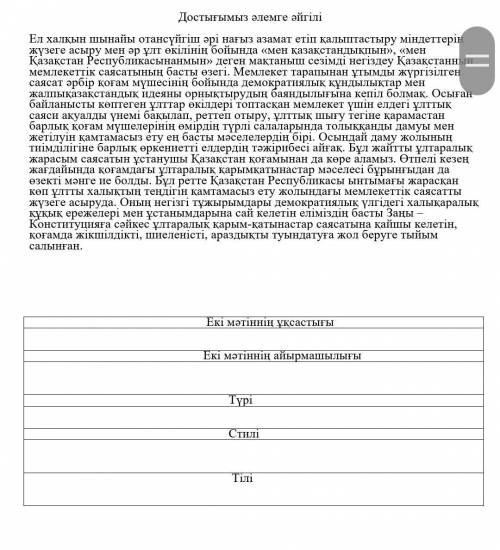 Мәтінді мұқият оқи отырып, екі мәтінді салыстырып, олардың тілі мен стилінің формасын, ұқсастығын жә