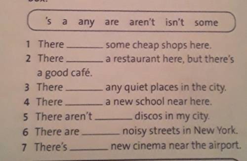 3 Complete the sentences with the words in the box.is aany are aren't isn't somesome cheap shops her