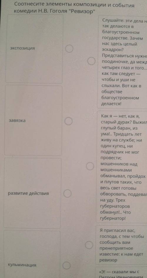 ТЕКСТ ЗАДАНИЯСоотнесите элементы композиции и событияКомедии Н.В. Гоголя Ревизор​