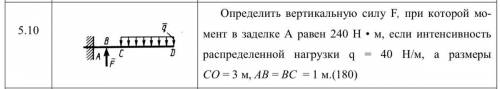 Определить вертикальную силу F, при которой мо- мент в заделке A равен 240 Н • м, если интенсивность