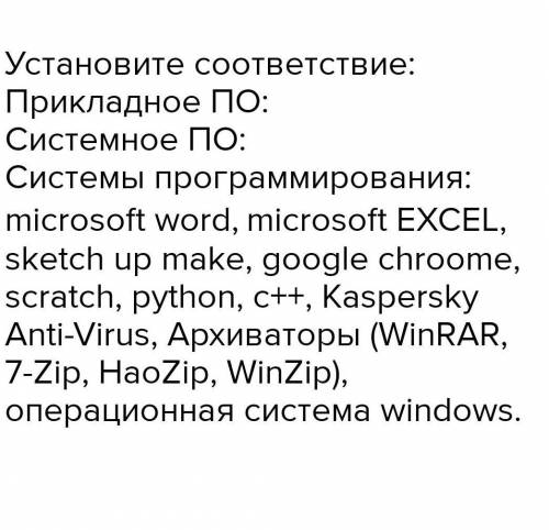 Установите соответствие:Прикладное ПО:Системное ПО:Системы программирования:​