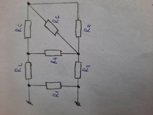 R1=4Ом, R2=12Ом, R3=13Ом, R4=27Ом, R5=17Ом, R6=20Ом, R7=20Ом, U6=100В Rэ-?, I2-?