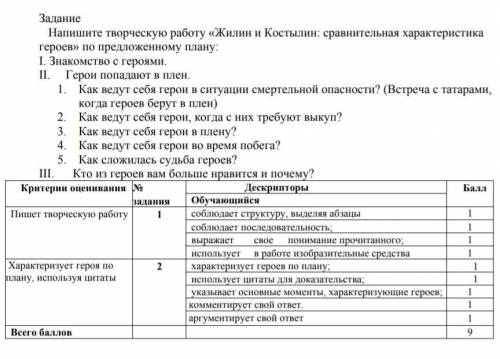 Напишите творческую работу «Жилин и Костылин: сравнительная характеристика героев» по предложенному