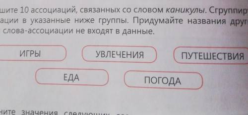 1. Запишите 10 ассоциаций, связанных со словом каникулы. Сгруппируйте сло ва-ассоциации в указанные