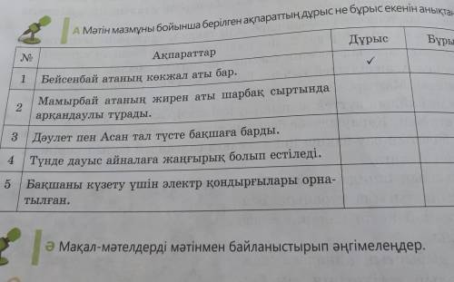 Вұрые 12АМәтін мазмұны бойынша берілген ақпараттың дұрыс не бұрыс екенін анықтарАқпараттарБейсенбай