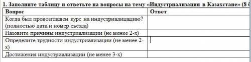 1. Заполните таблицу и ответьте на вопросы на тему «Индустриализация в Казахстане»