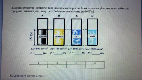 Есть четыре стеклянные банки, наполненные жидкостью. Установите давление на дне посуды в порядке убы