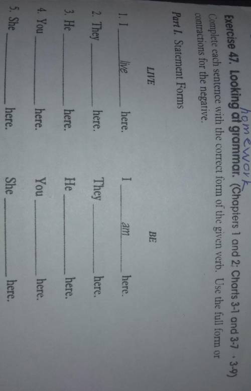 Homework Exercise 47. Looking at grammar. (Chapters 1 and 2: Charts 3-1 and 3-7 . 3-9)Complete each