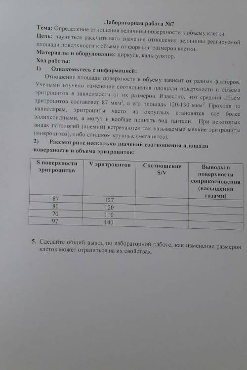 Рассмотрите несколько значений соотношения площади поверхности и объема эритроцитов. Сделайте вывод.