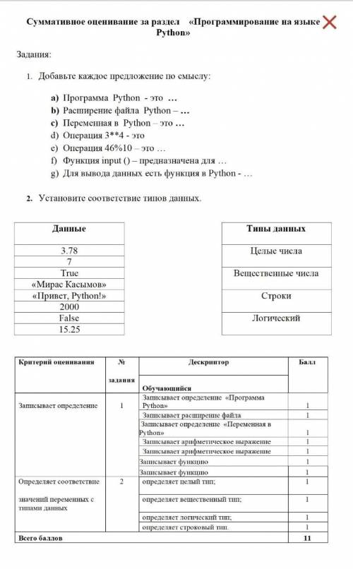 Суммативное оценивание за раздел «Программирование на языке сделать ​