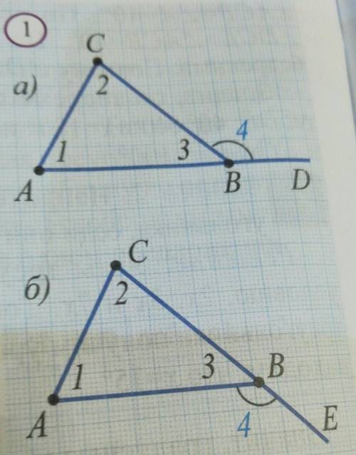 На рисунке 1 изображены внешние углы CBD и ABE треугольника ABC при вершине B. Очевидно,что эти углы