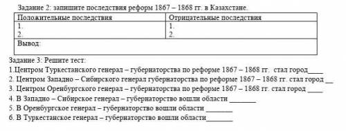 Задание 2: запишите последствия реформ 1867 – 1868 гг. в Казахстане. Положительные последствияи пома