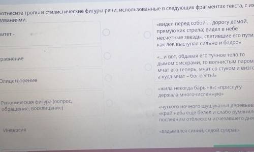 Соотнесите тропы и стилистические фигуры речи, использованные в следующих фрагментах текста, с их на